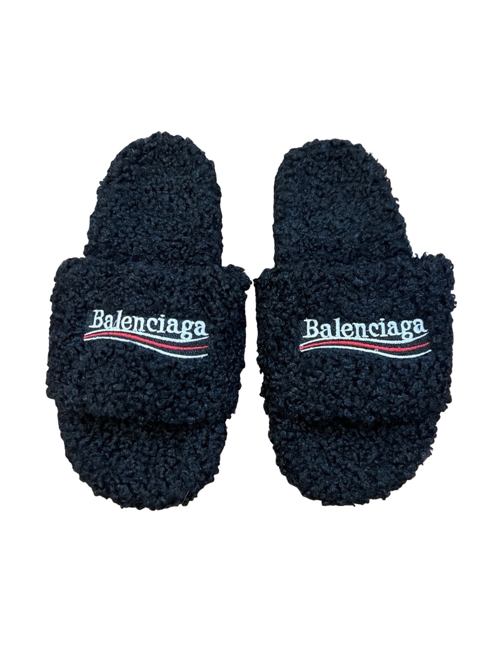 Balenciaga Pool Slide Sandal Black Shearling Fur Logo SZ 35 NWT